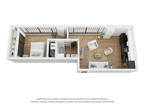 Floor plan for 1 bed, 1 bath, 600 sqft